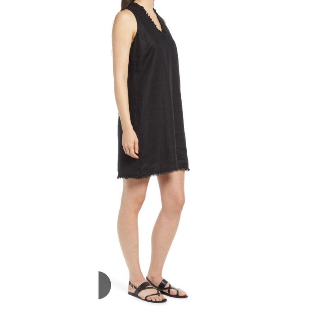 Tommy Bahama Womens XL Black Linen A-Line Dress Sleeveless Frayed Hem Ruffle